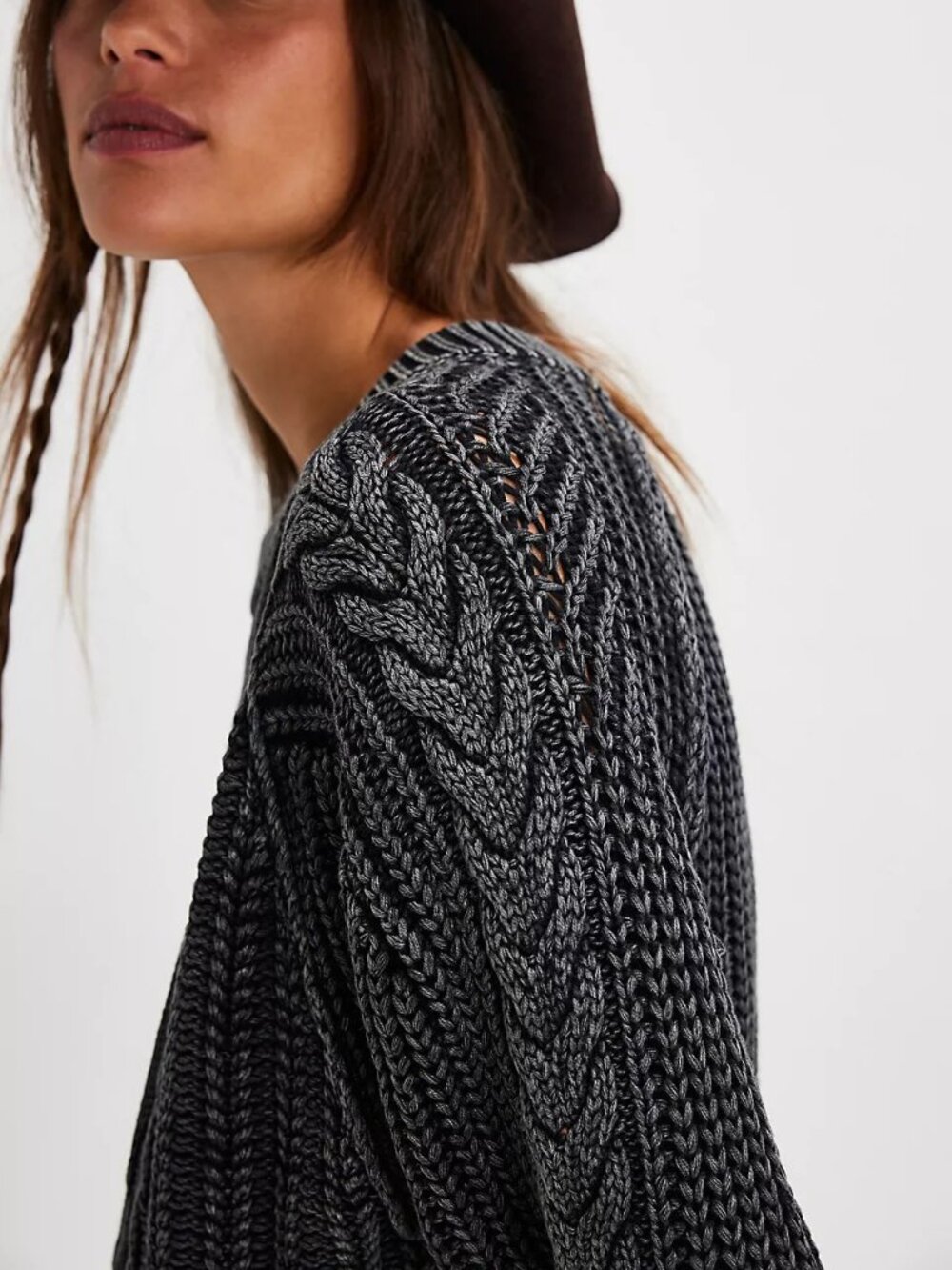 🆕 FREE PEOPLE Frankie Cable Knit Cotton Sweater / Black - Picture 4 of 14